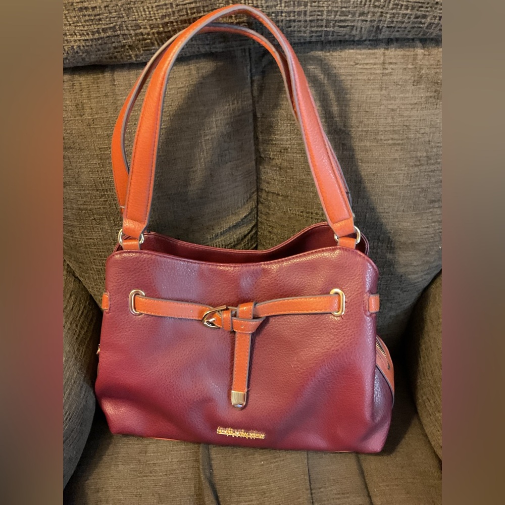 Jones New York Signature burgundy purse Bag Handbag Pebbled Brown Handle EUC